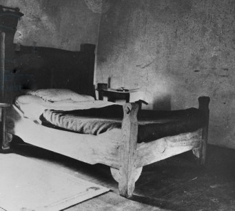 TPG392639 Bedroom with the bed of W. B. Yeats (b/w photo) by .; Thoor Ballylee, County Galway, Ireland; (add.info.: William Butler Yeats (1865-1938) Irish poet and dramatist; bed made by a local carpenter;);  out of copyright