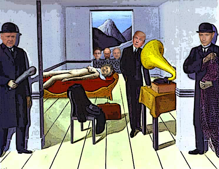 from left to right Chris Matthews, Hillary Clinton, Edward Snowden, Vladimir Putin, Julian Assange, Donald Trump. Anderson Cooper 