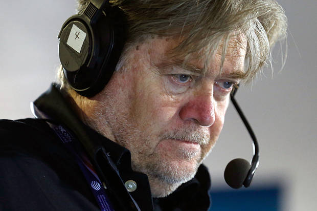 CLEVELAND, OH - JULY 20: Stephen K. Bannon looks at his computer to see who will be the next caller he will talk to while hosting Brietbart News Daily on SiriusXM Patriot at Quicken Loans Arena on July 20, 2016 in Cleveland, Ohio. (Photo by Kirk Irwin/Getty Images for SiriusXM)